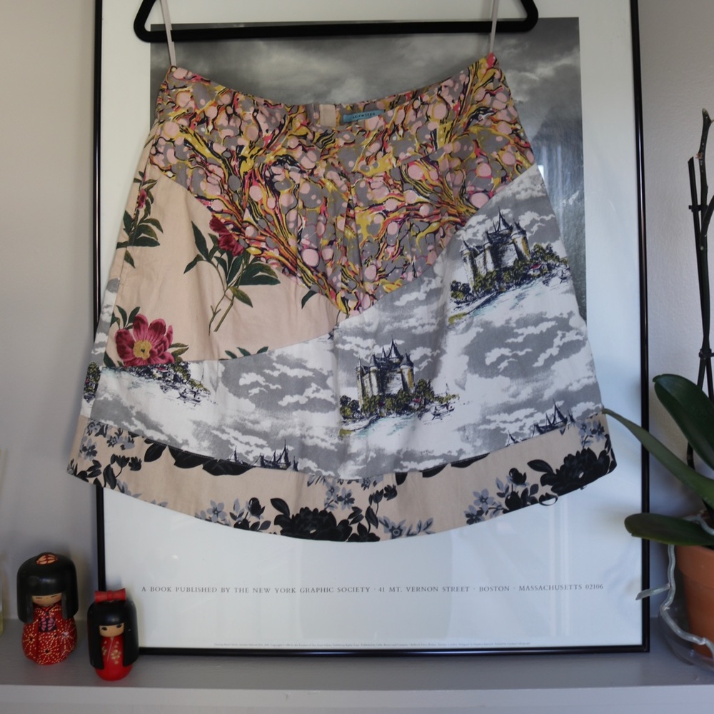 Patchwork Floral Mini Skirt in Beige, Gray and Pink